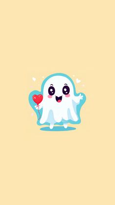 a cartoon ghost holding a red balloon with hearts on it's nose and eyes