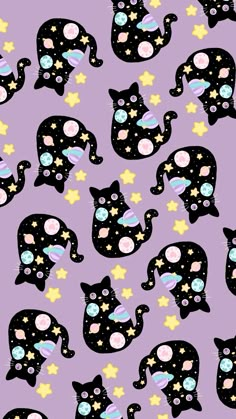 a pink background with black cats and stars in the shape of an elephant on it's back