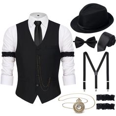 PRICES MAY VARY. This 1920s Mens Outfit includes: 1 x 1920s Mens Fedora Hat; 1 x The Great Gatsby Vest; 1 x Vintage Pocket Watch(No Batteries); 1 x Pre Tied Bow Tie; 1 x Tie; 1 x Y-back Elastic Belt Suspenders; 2 x Black Armbands; Notice: The white shirt is not included in the set Size of the 1920s Mens Costume Accessories: 1920s hat circumference-22.8” and one size fits most; Vest-Please check the vest size carefully and choose the best fit for you; Suspenders are elastic and adjustable;1920s a Gatsby Costume Mens, Casino Outfit Men, Mens Gatsby Costume, Roaring 20s Costumes, 1920s Mens Clothing, 20s Hat, 1920s Mens Costume, Belt Suspenders, Great Gatsby Costume