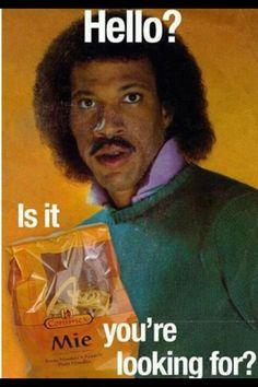 an advertisement for mre with a man holding a bag of noodles