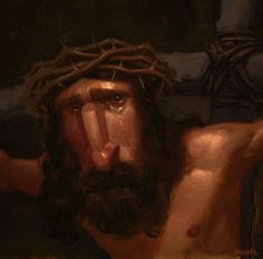 a painting of jesus with his arms stretched out to the side, wearing a crown