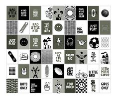 a collage of black and white images with words, symbols, and other things