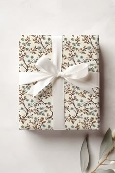 a gift wrapped in white paper with a bow and ribbon on it next to a plant