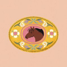 a horse is depicted in an ornately decorated oval frame on a pink background with yellow and blue accents