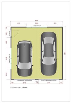 an overhead view of two cars in a garage with measurements for the size and width