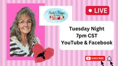 a woman holding a heart in front of a pink background with the words, tuesday night 7pm cst youtube & facebook live