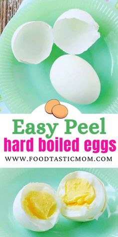 hard boiled eggs on a green plate with text overlay that reads easy peel hard boiled eggs