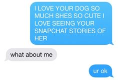 two texts that say, i love your dog so much shes so cute i love seeing your snapchat stories of her