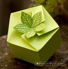 an origami box with leaves on it sitting on top of a stone surface