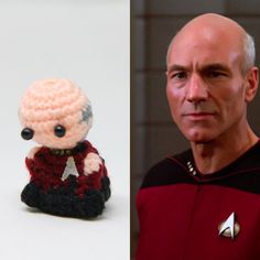 a crocheted star trek character next to a photo of a man in a red shirt