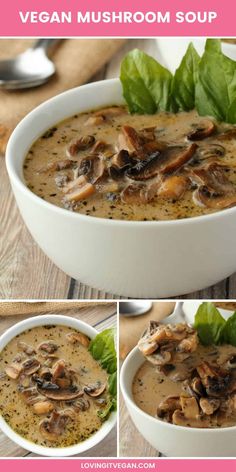 vegan mushroom soup in a white bowl with spinach leaves