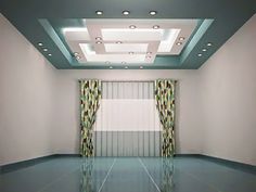 an empty room with curtains and lights on the ceiling is pictured in this 3d image