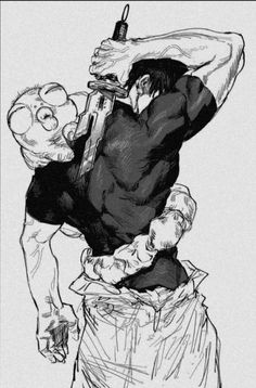 a drawing of a man holding onto another man's head with his arm in the air