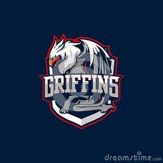 the griffins logo is shown on a dark blue background with red and white accents