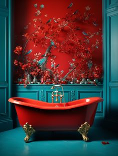 a red bath tub sitting in front of a wall with flowers on it and birds flying around