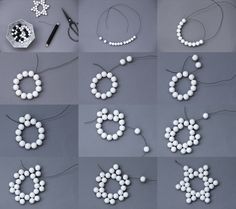 several different pictures of beads and scissors on a gray surface, including one being beaded