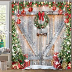 a christmas themed shower curtain with ornaments and wreaths on the door to a barn