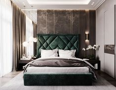 a bedroom with a green headboard and white bedding