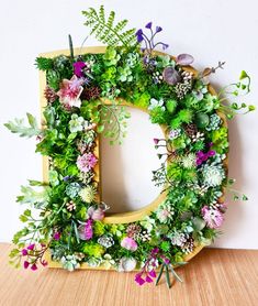 the letter d is decorated with flowers and greenery