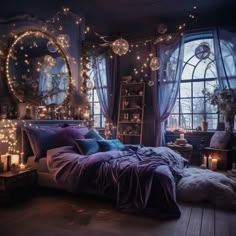 a bedroom with lots of lights and decorations