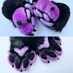 This listing is for black and purple fursuit partial. You can buy hand paws and feet paws separately. Just choose your option :) The pads are made of black and lavender minky.  You can change color design in this set - just let me know before purchase :) FEET PAWS The feet paws are for INDOOR use.  They are made of black and purple faux fur. The pads are lavender and black, are made of minky.  PADS are well stuffed and finished with a zigzag. This makes pads look nice and secure.   CLAWS are sew How To Make Fursuit Hand Paws, Fursuit Feet Paws, Five Finger Fursuit Paws, Fursuit Paws Gif, Purple Fursuit, Paw Pattern Fursuit, Fursuit Paws, Paw Gloves, Costume Gloves