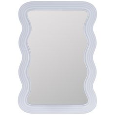 a white framed mirror with wavy lines on the bottom and sides, against a white background