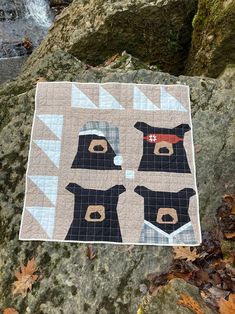 there is a quilt on the rocks by the water that has been made to look like bears