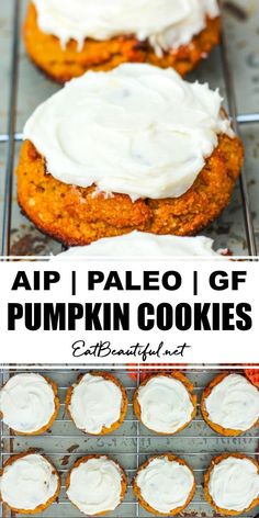 pumpkin cookies with cream cheese frosting on top and in the background, there is a cooling rack full of muffins