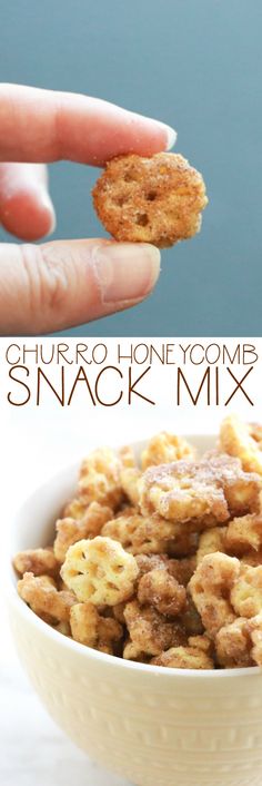 a hand holding a small cracker over a bowl of snack mix with the words churro lone comp on it