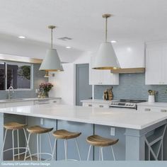 a kitchen with an island and three stools