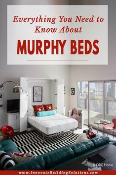 a living room filled with lots of furniture next to a large white sign that says everything you need to know about murphy beds