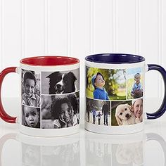 two coffee mugs with pictures of people and dogs on them, one is red and the other is blue