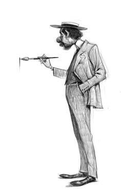 a black and white drawing of a man in a suit holding a paintbrush to his face