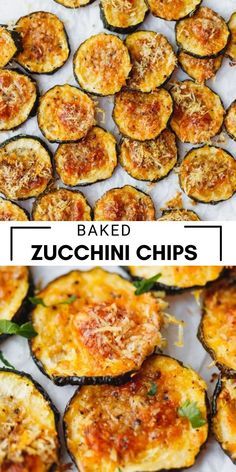 baked zucchini chips with parmesan cheese on top and the title overlay