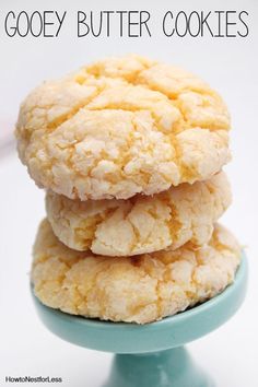 three cookies stacked on top of each other with the words gooey butter cookies above them