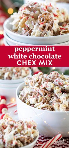 peppermint white chocolate chex mix in two bowls with candy canes on the side