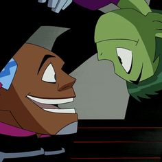 two cartoon characters one with green hair and the other has blue eyes, both smiling