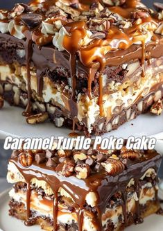 there are two pieces of cake that have chocolate and nuts on top, one is drizzled with caramel