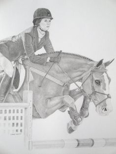 a pencil drawing of a person jumping a horse over an obstacle