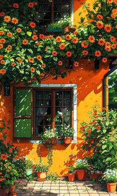 an orange building with green shutters and potted plants