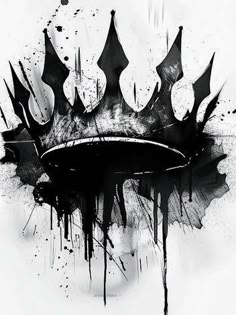 a black and white drawing of a crown with splatters on the bottom half