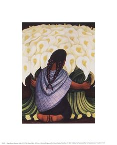 a painting of a woman sitting in front of large white flowers with long braids