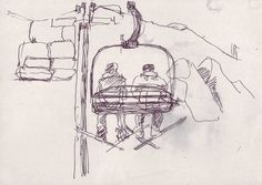 a drawing of two people on a ski lift