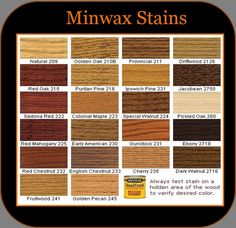 the color chart for minwax stains is shown in black and brown colors