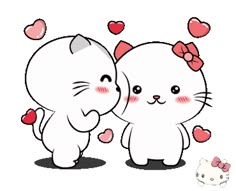 two white cats standing next to each other with hearts on their ears and one cat's tail sticking out