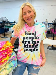 Kind People Are My Kinda People just LAUNCHED and we are OBSESSED!! This bright, KIND tee is just what you need to add to your collection! This tee is bright, bold and perfect to spread sunshine and kindness in! We promise it will make people stop, smile, & remember to be kind! Plus, for every tee sold, one is donated to someone in need. This tee is hand dyed, soft and comfy! It's 100% cotton and runs true to size! We know you are going to LOVE this tee as much as we do! We offer youth and adult Kind People, To Be Kind, Black Letter, Kinds Of People, Be Kind, Need This, Hand Dyeing, Things To Think About, This Is Us