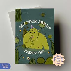 a card with an image of a bear wearing a party hat and saying get your swamp party on