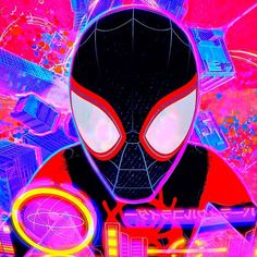 a spider - man with glowing eyes and headphones in front of neon colored background