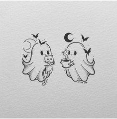 two ghost stickers on the side of a white paper with black ink, one is holding