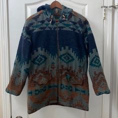 Vintage Woolrich Southwestern Aztec Blanket Coat Jacket Size Medium Good Condition Please Refer To Photos For The Condition Of The Jacket Aztec Blanket, Coats Vintage, Blanket Coat, Vintage Woolrich, Blue Green, Color Blue, Coats Jackets, Jackets & Coats, Jackets For Women